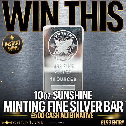 WIN THIS 10oz SUNSHINE MINTING FINE SILVER BAR + 10 INSTANT WIN SILVER COINS!